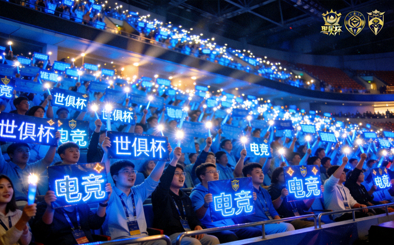 电竞世俱杯现场观众席全景，蓝色应援灯牌汇成一片光海